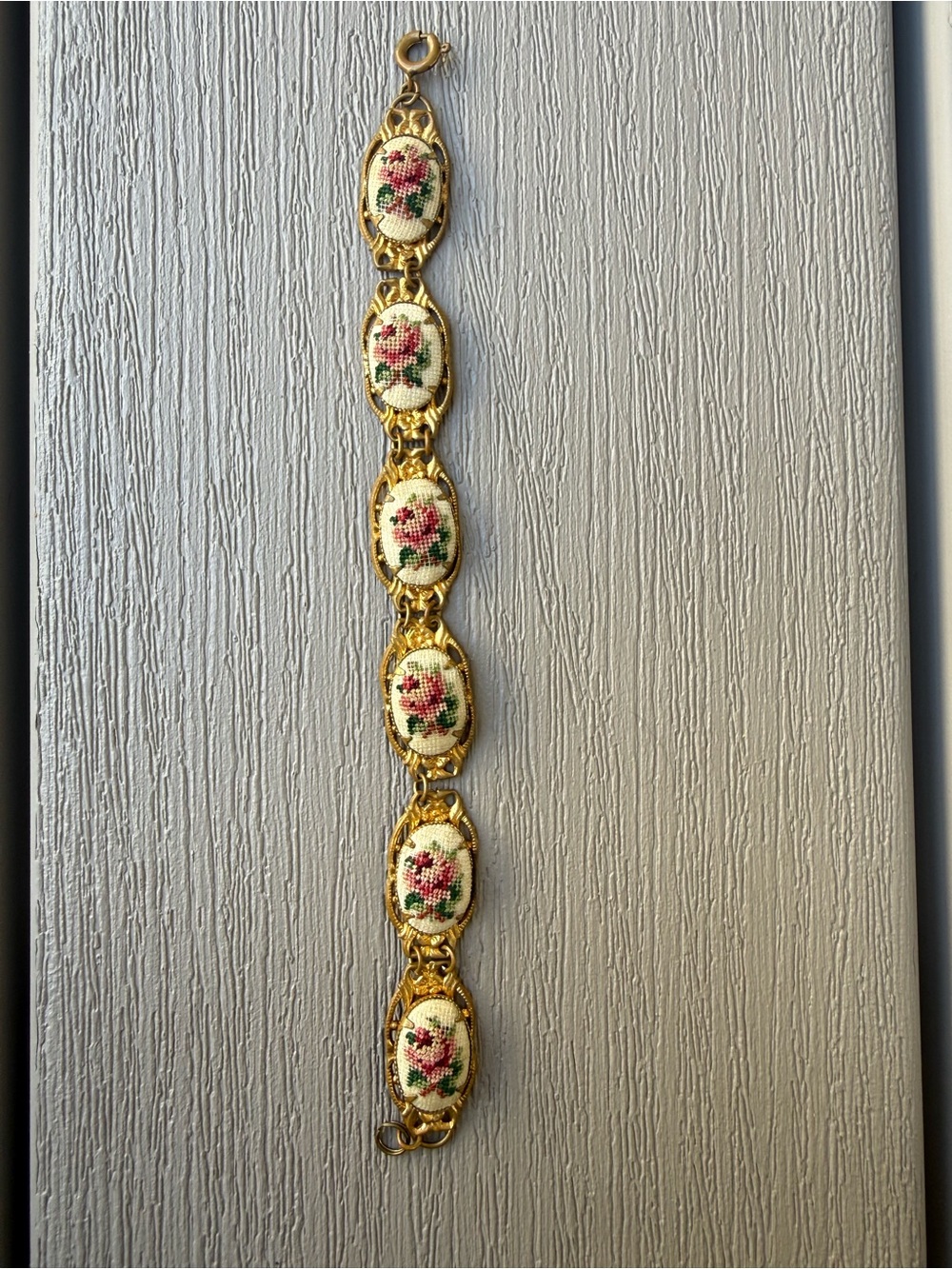 Vintage Petit Point Rose Needlepoint Gold Tone Filigree Bracelet